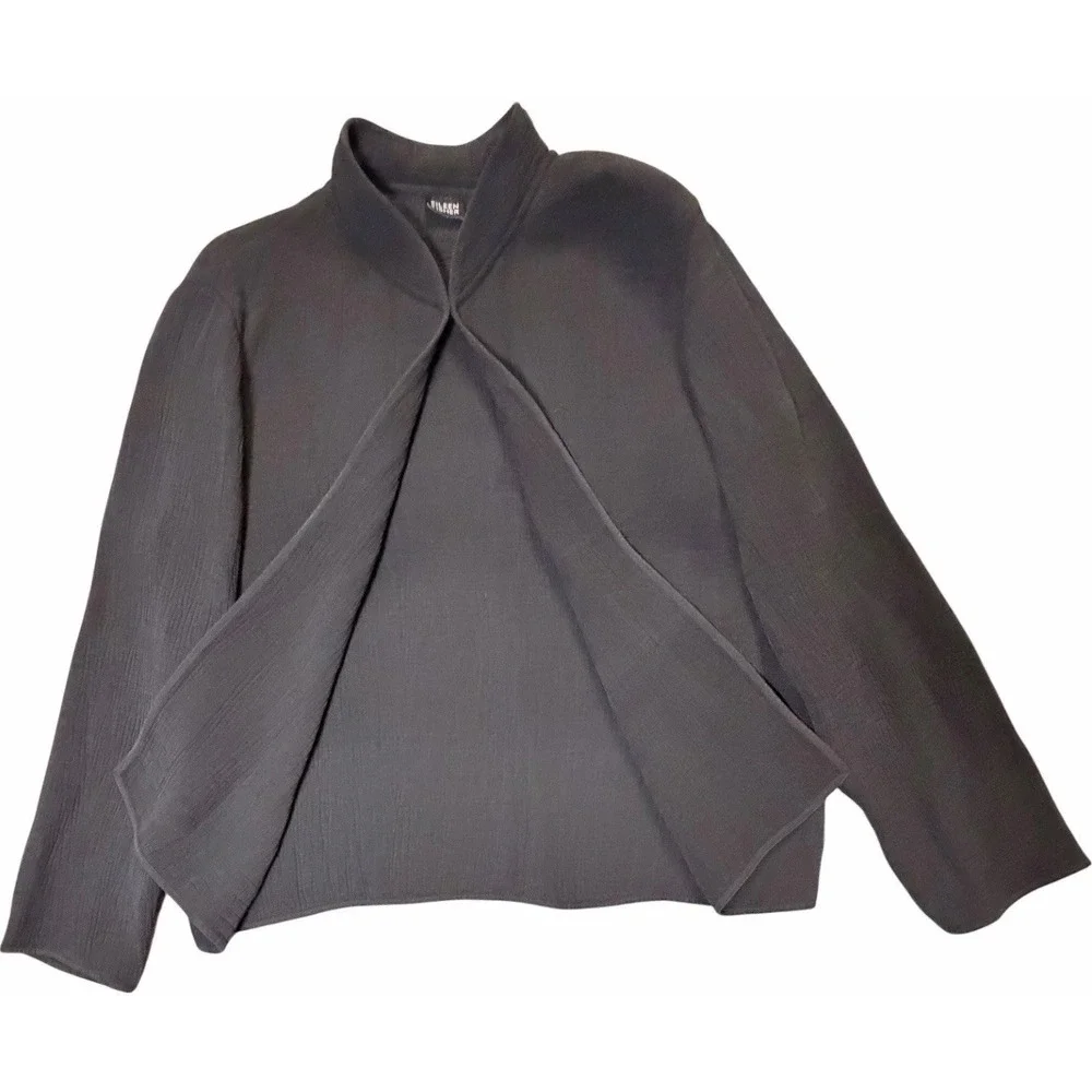 Eileen Fisher Silk Blend Crinkle Textured Open Front‎ Jacket Cardigan Black M
